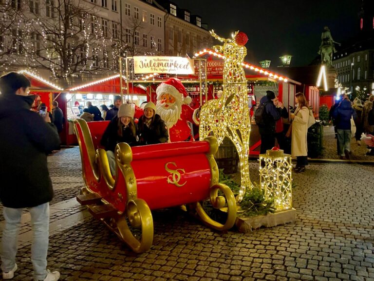 Visitors taking pictures near the decorations at the Højbro Plads Christmas market