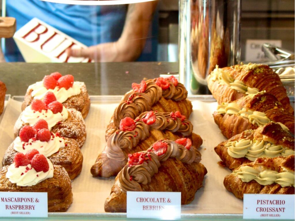 Pistachio croissant, Chocolate & berries croissant, mascarpone and raspberry Danish pastries from Buka Bakery in Copenhagen