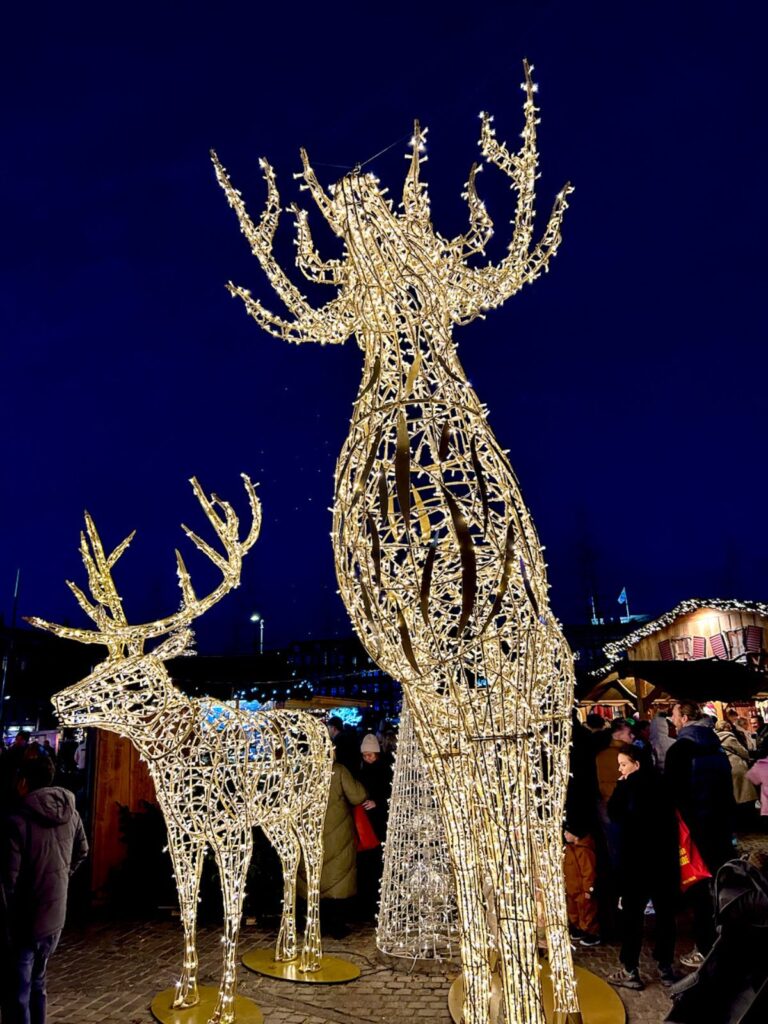 Decorated raindeers wrapped with lights during Christmas in Copenhagen