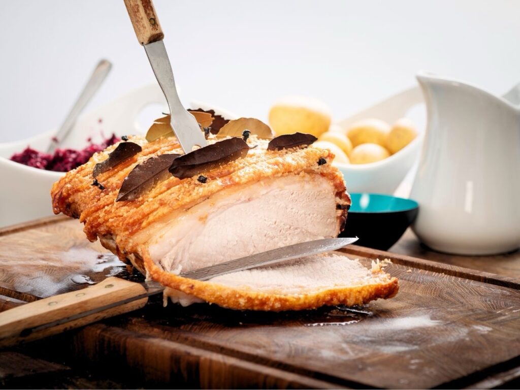 Flæskesteg or roast pork with crispy cracklings