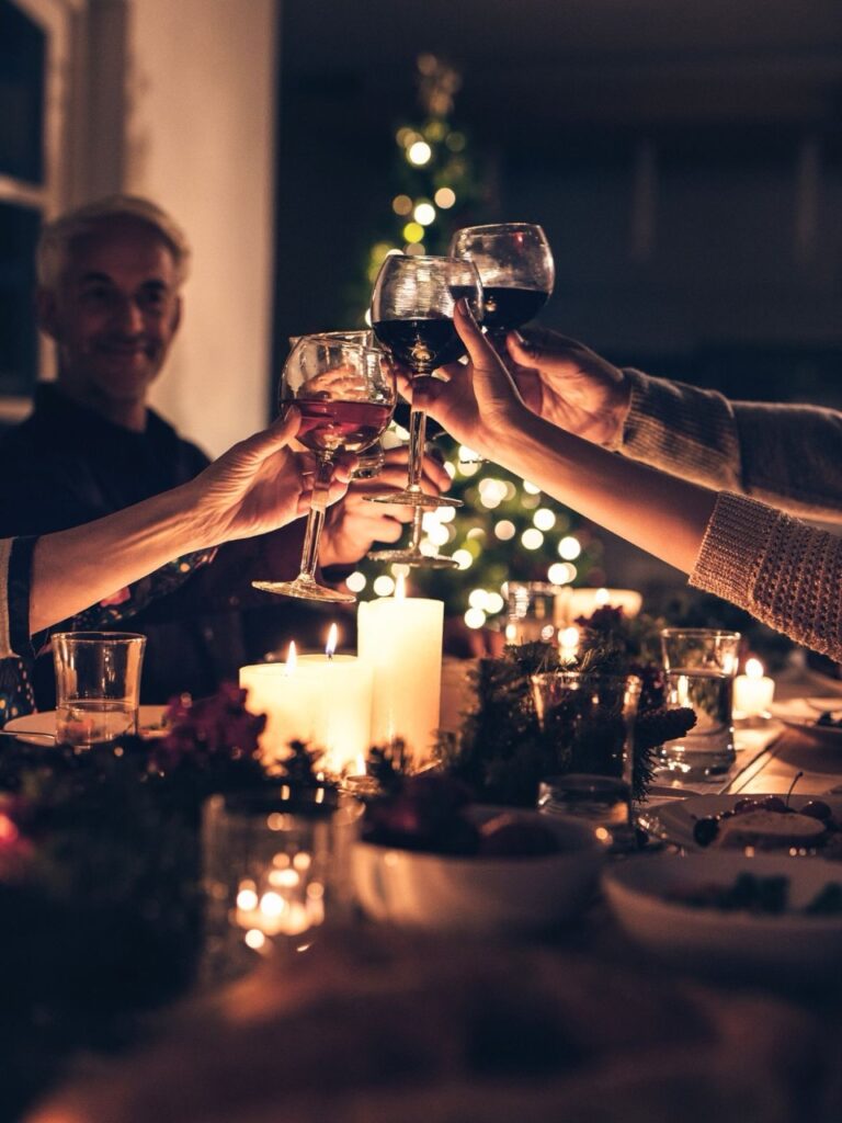 Saying skål, toasting while eating Christmas Eve dinner - Julefrokost