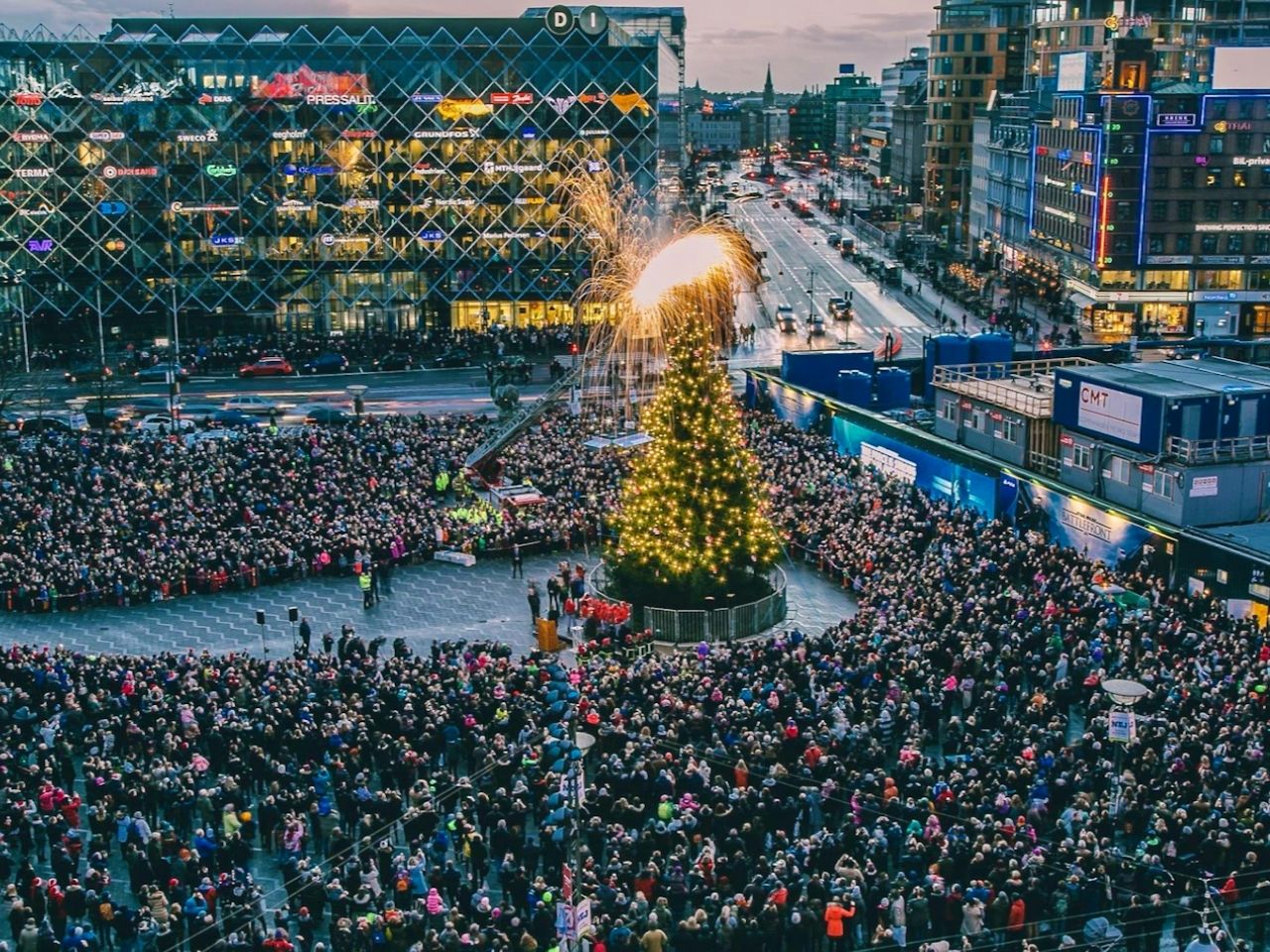 Christmas Tree lighting at city hall square or Rådhuspladsen, Copenhagen