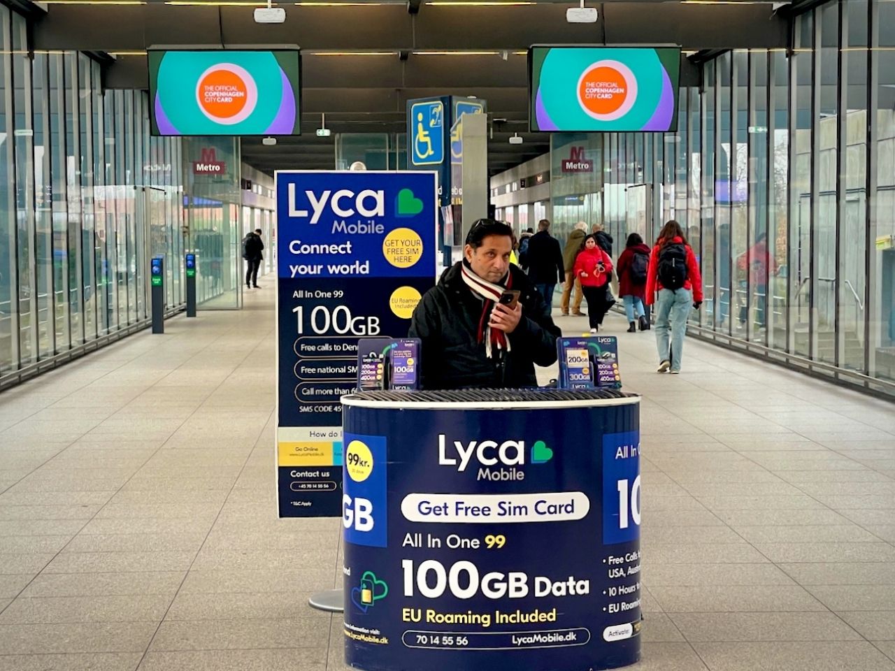 LycaMobile Kiosk at Copenhagen airport metro station to buy prepaid sim card at Copenhagen airport