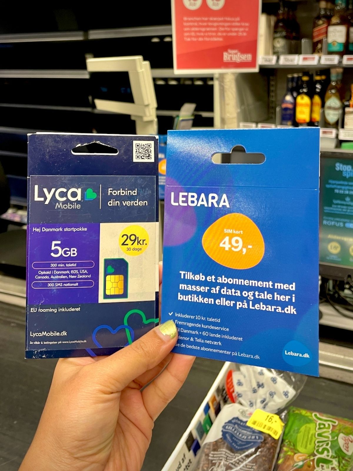 LycaMobile and Lebara sim cards bought from super markets in Denmark