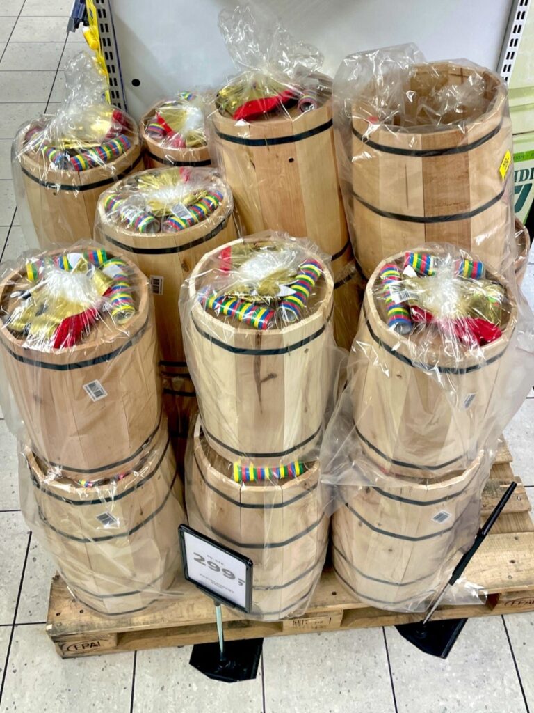 Fastelavn wooden barrels in supermarkets in Denmark for the carnival celebrations.