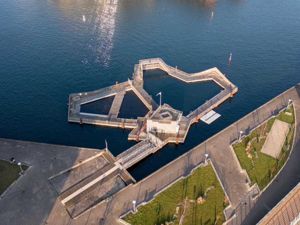 Aerial view of Sluseholmen harbour bath in Copenhagen