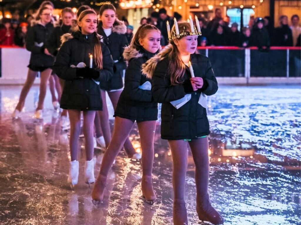 Girls holding candles and skating during the Santa Lucia procession on ice skating rink at Broens.