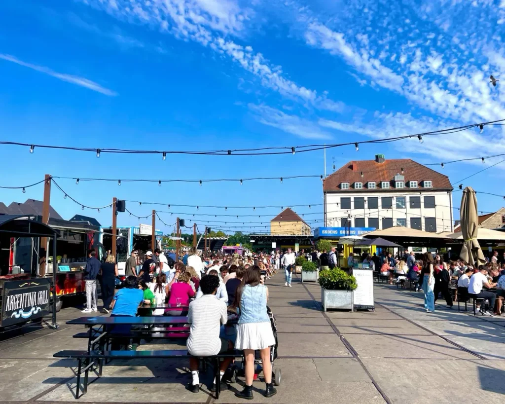 People hanging out at Broens Street Food Market Copenhagen