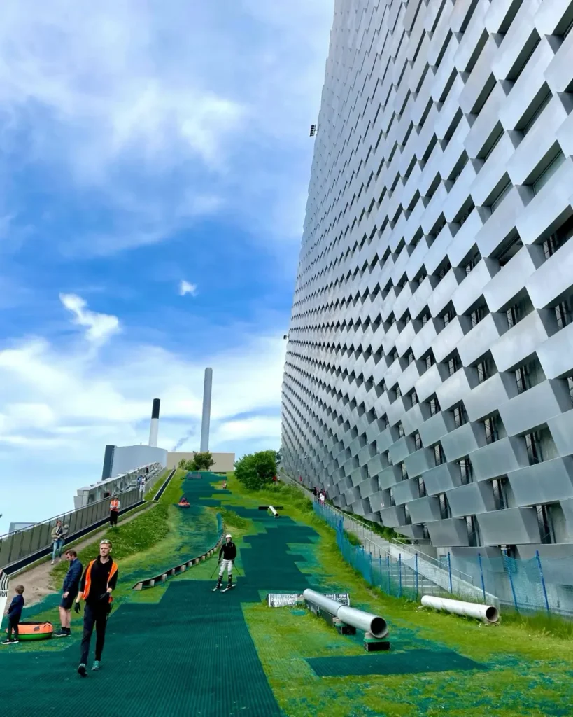Skiers at action at Copenhill Ski slope Copenhagen