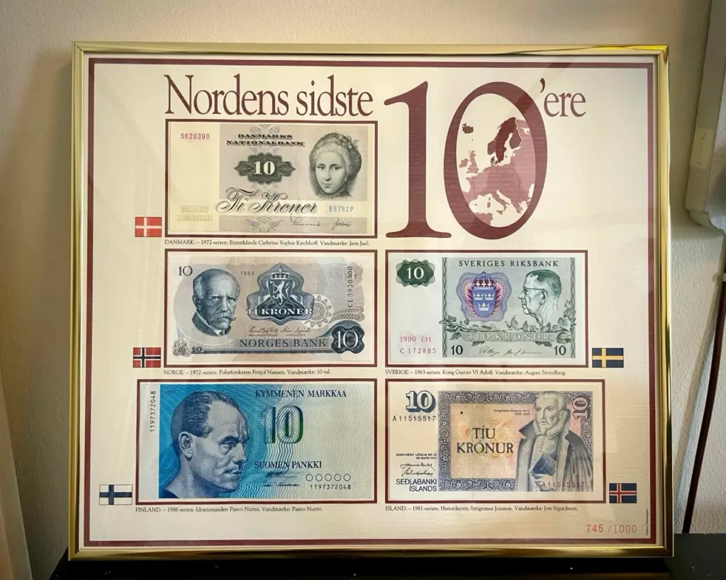 Nordic currency notes inside Bank and savings museum