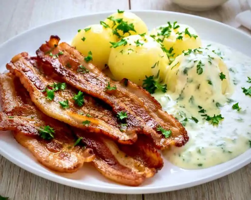 Stegt-Flæsk - National Danish food of roast port with potatos and parceley sauce